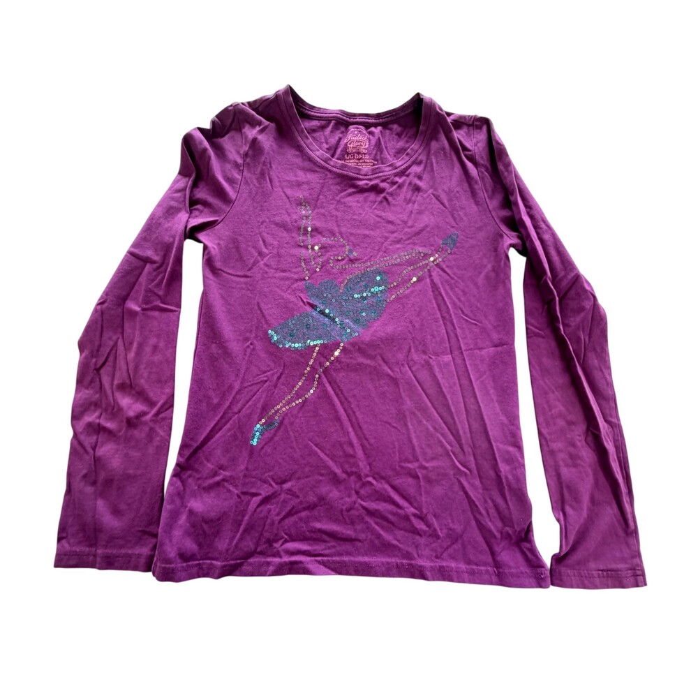Faded Glory Shirt Girls Size 10-12 Purple Sequin Ballerina Graphic Long Sleeve